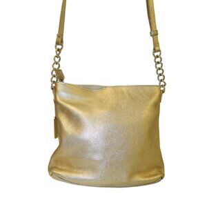 Audrey Brooke Gold Leather Crossbody Bag With Chain Strap & Front Zipper Pocket